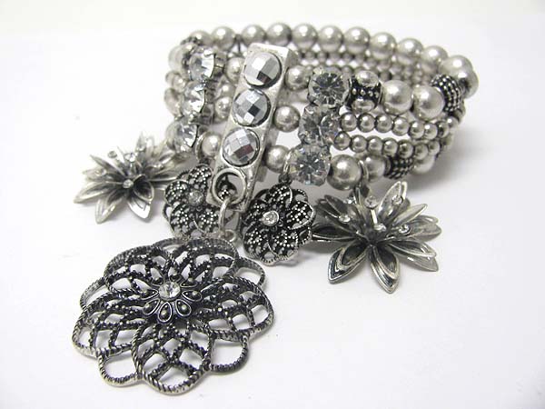 Crystal stud multi metal flower dangle stretch bracelet