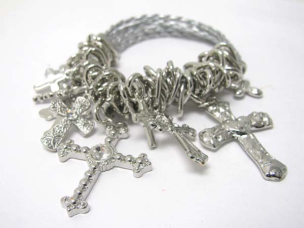 Multi cross charm dangle braided cord bracelet 