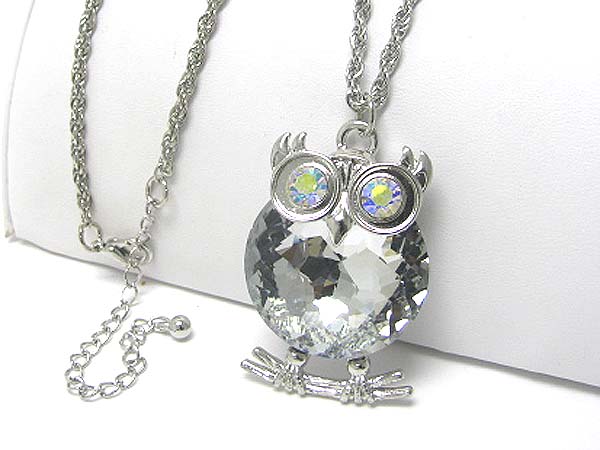 Crystal stud big eye owl pendant long necklace?