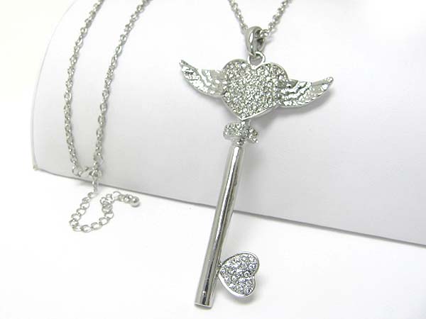 Crystal stud heart and wing key pendant long necklace?