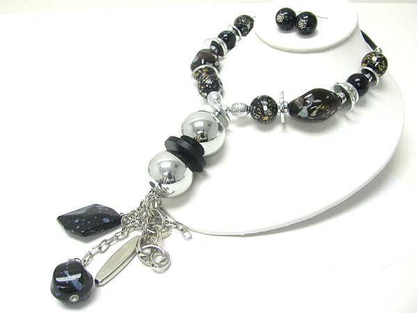 Chunky metal and stone y drop necklace earring set