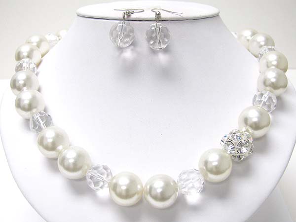 Pearl beads and crystal ball necklace earring set