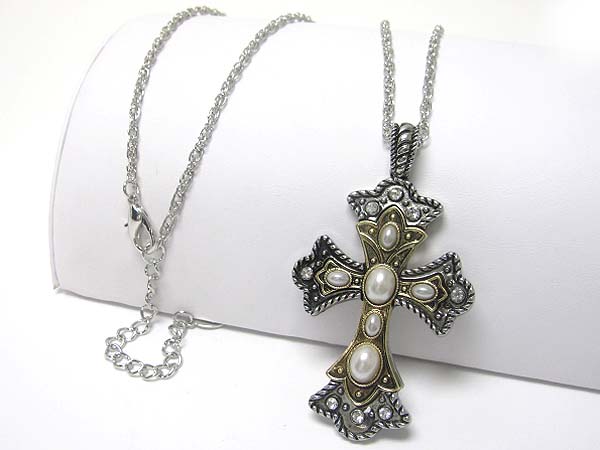 Pearl stud antique cross pendant long necklace