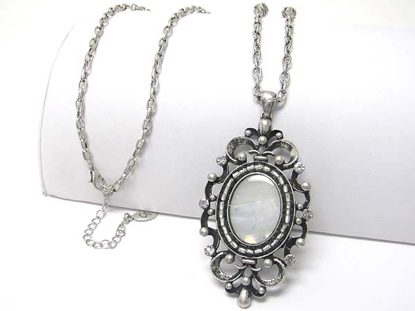 Mop and metal filigree antique oval pendant long necklace