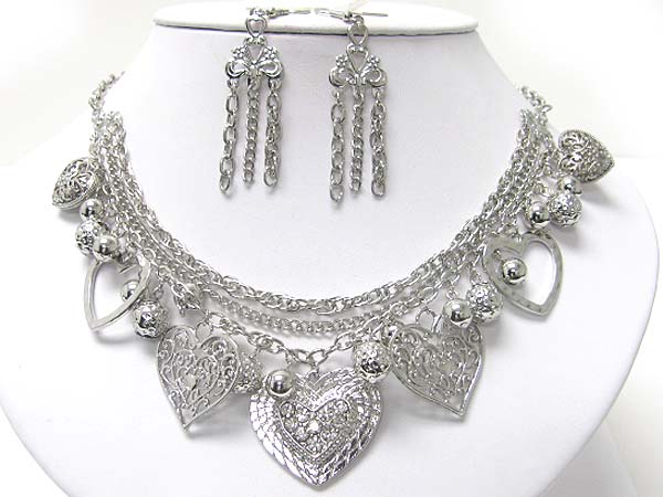 Crystal stud multi filigree metal heart and ball dangle necklace earring set