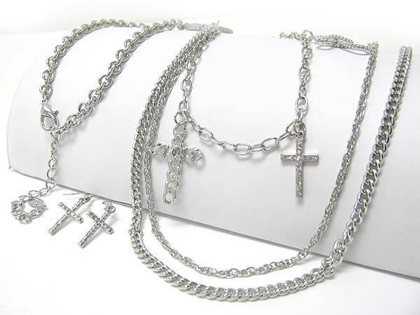 Crystal dual cross dangle long metal chain necklace earring set