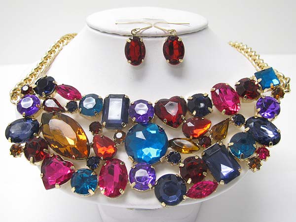 Multi shape crystal bib style necklace earring set