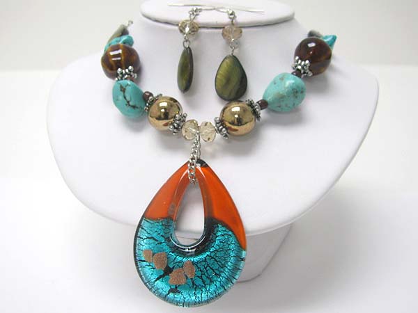 Murano glass and turquoise and mixed stone necklace earring set