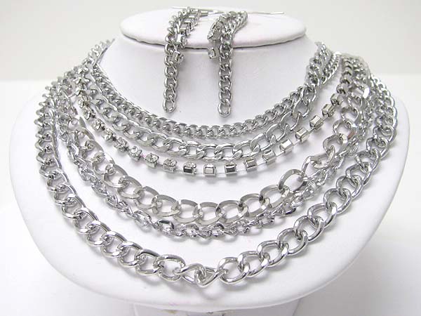 Rhinestone and multi row chain necklace earring set