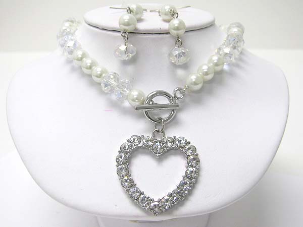 Crystal heart pendant and pearl and facet glass beads necklace earring set