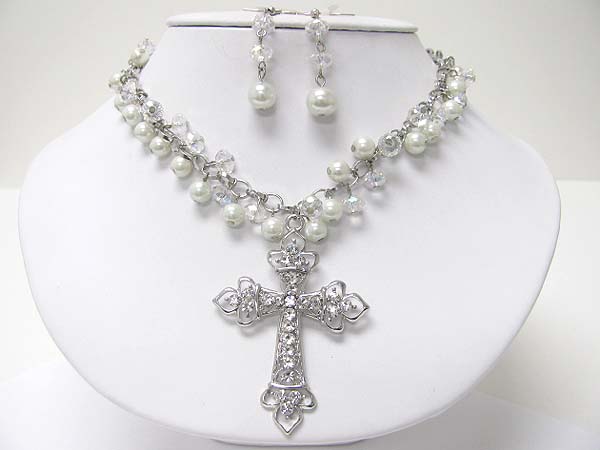 Crystal cross pendant and pearl beads necklace earring set