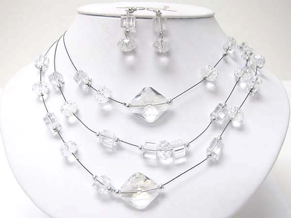 Facet glass and illusion wire necklace earring set