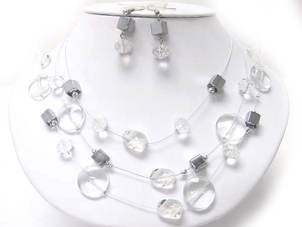 Facet glass and illusion wire necklace earring set