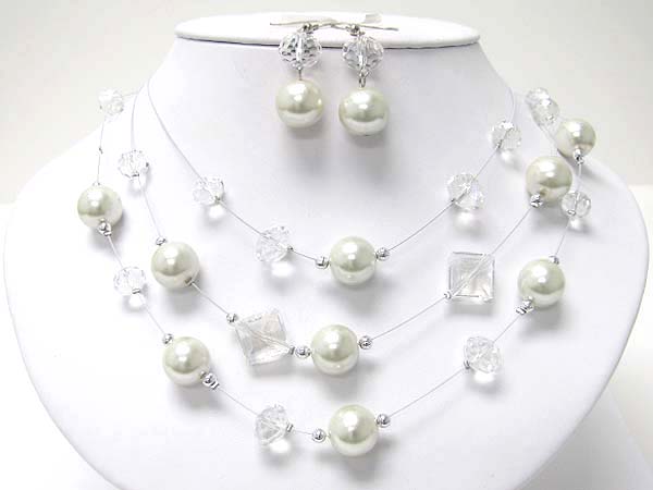 Facet glass and pearl illusion wire necklace earring set