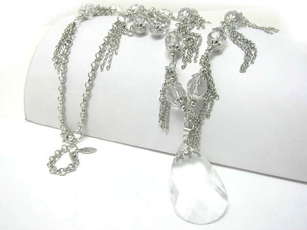 Facet glass tear drop and metal tassel necklace earring set