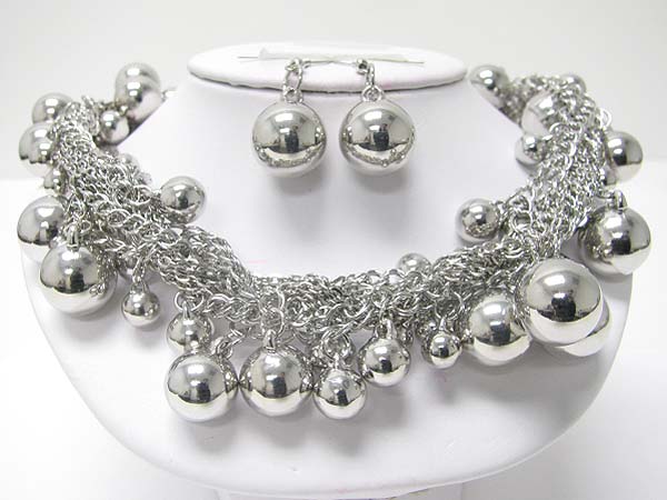 Metal ball and tangled metal chain necklace earring set