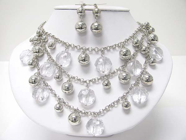 Triple row metal ball and glass beads dangle necklace earring set