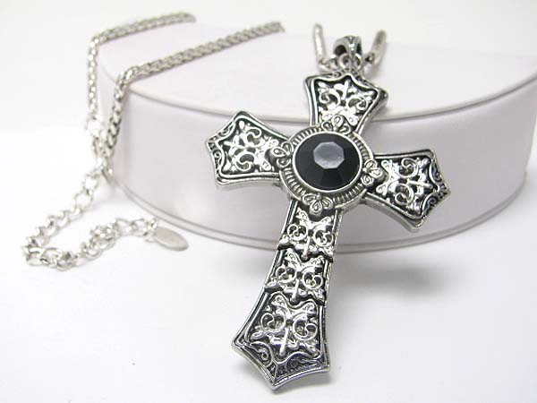 Metal and stone deco antique look cross pendant necklace