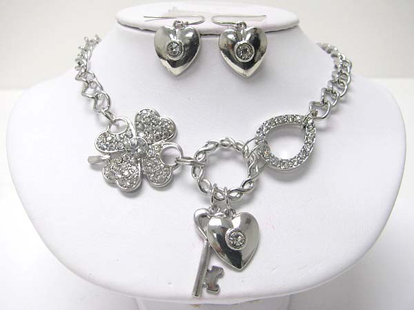 Crystal stud flower heart key chain link necklace