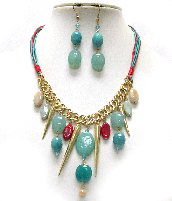 Multi color semi precious stone and metal spike drop cord necklace earring set