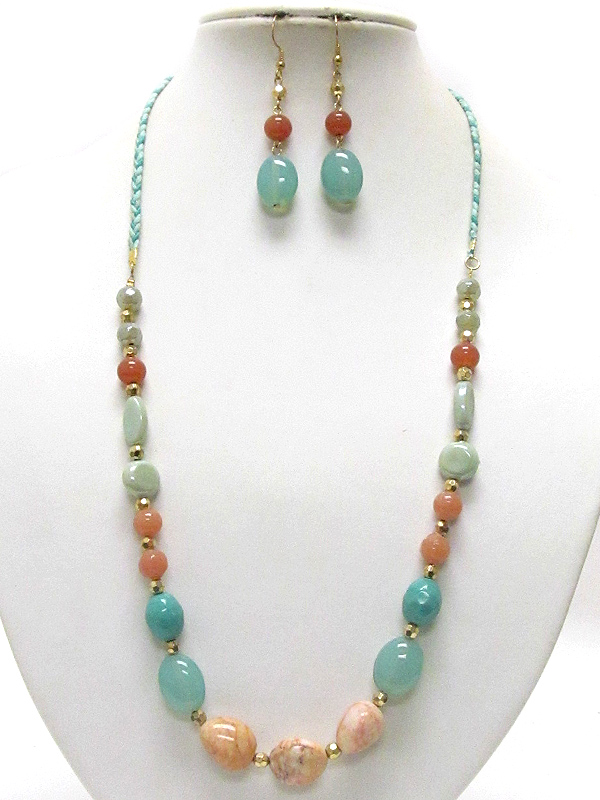 Multi color semi precious stone long necklace earring set