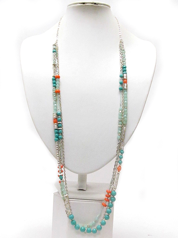 Multi bead and metal chain mix 3 layered necklace