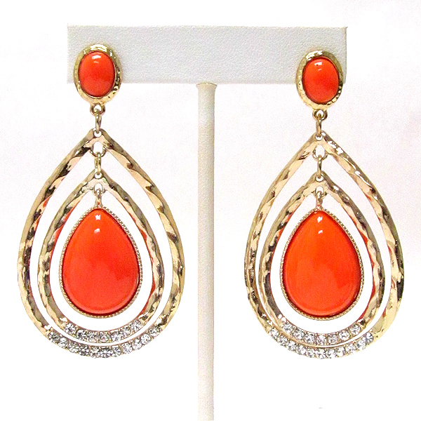 Acrylic teardrop stone and hammered hoop earring - hoops