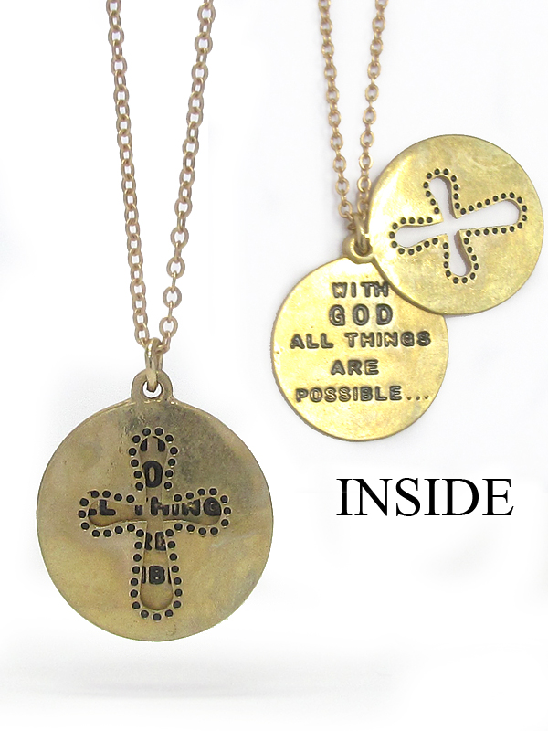 Cross and message cutout double layer pendant necklace - with god all things are possible