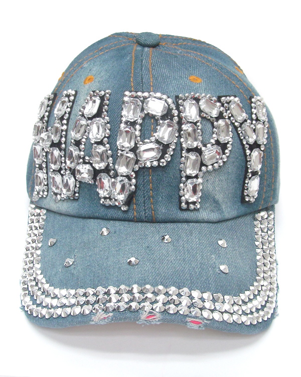 Rhinestone worn denim baseball cap - happy