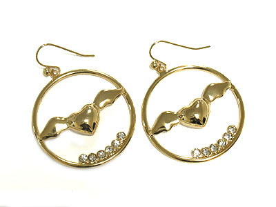 Flying heart and crystal deco hoop drop earring - hoops