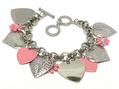 Multi metal and acrylic heart charms toggle bracelet