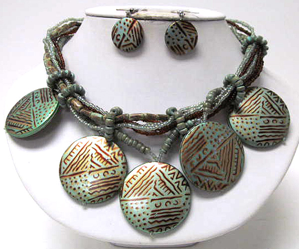 Multi seed beads with small braided wood drop fashion disk wood pattern necklace earring set