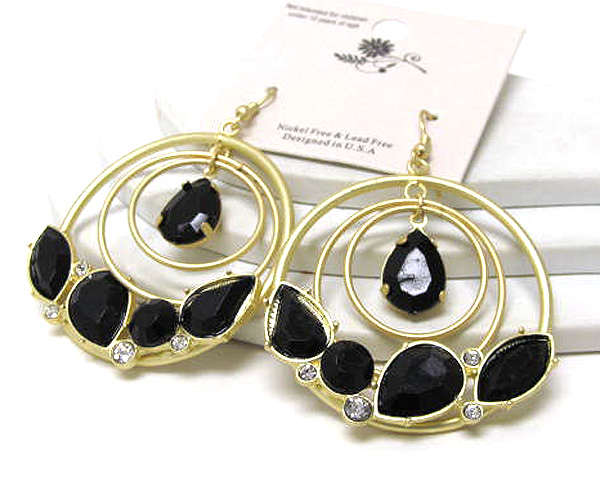 Crystal and acry tear drops round layerd drop earrings