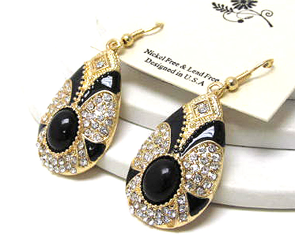 Crystal metal and acryl stone on tear drop fashion designer style epoxy drop earring