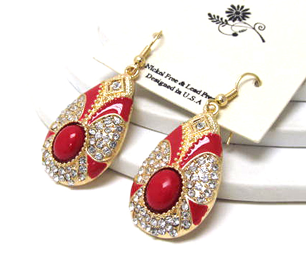 Crystal metal and acryl stone on tear drop fashion designer style epoxy drop earring