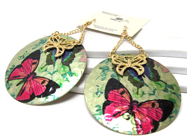 Metal round pebble prited butterfly drop earring