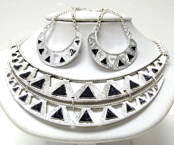 Metal multi triangle double fashion bib style chain necklace earring set