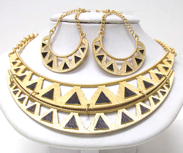 Metal multi triangle double fashion bib style chain necklace earring set