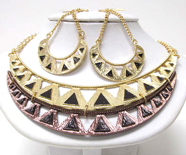 Metal multi triangle double fashion bib style chain necklace earring set