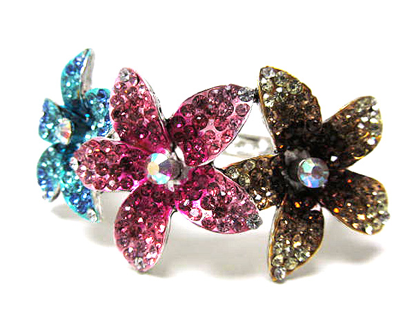 Multi crystal on three metal flowers hinge bangle