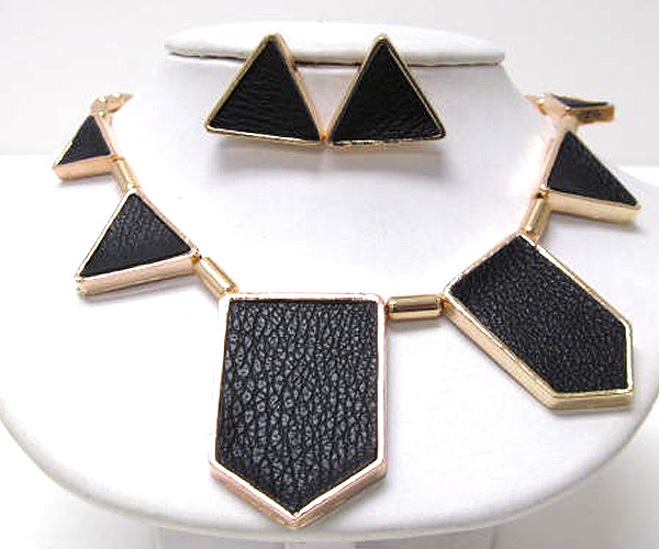 Metal geometric shaped top leather on metal chain necklace earring set