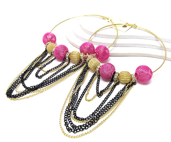 Multi crystal rondelle and multi chain basketball wives metal mesh ball inspired large hoop earring - hoops