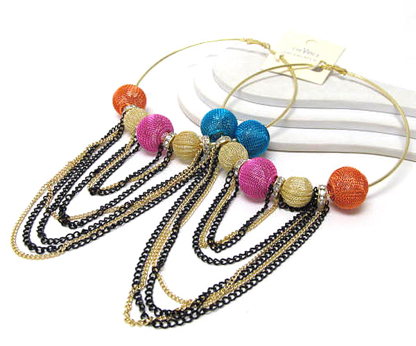 Multi crystal rondelle and multi chain basketball wives metal mesh ball inspired large hoop earring - hoops