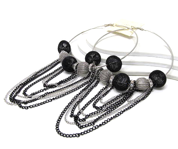 Multi crystal rondelle and multi chain basketball wives metal mesh ball inspired large hoop earring - hoops