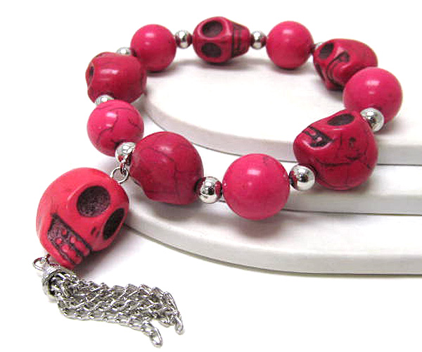 Semi precious stone skull theme and balls with drop chain skull stretch bracelet