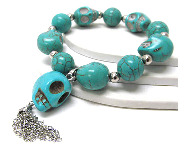 Semi precious stone skull theme and balls with drop chain skull stretch bracelet