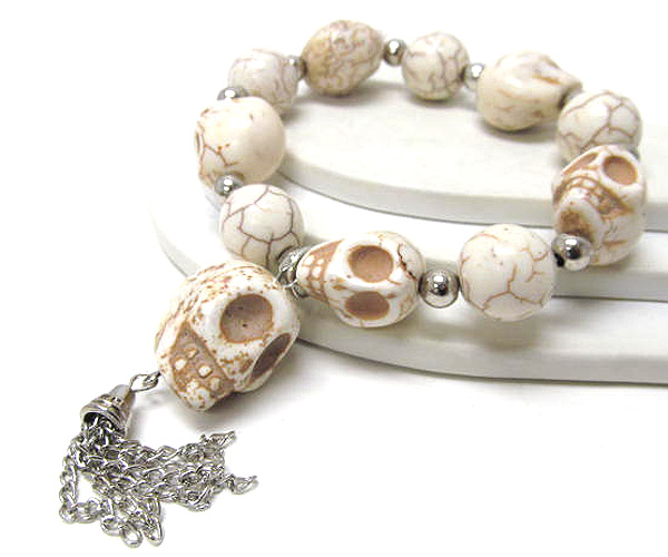 Semi precious stone skull theme and balls with drop chain skull stretch bracelet