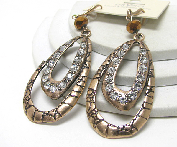 Crystal glass and crystal oval metal textured drop earring