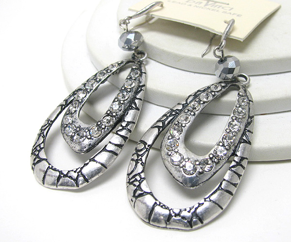 Crystal glass and crystal oval metal textured drop earring