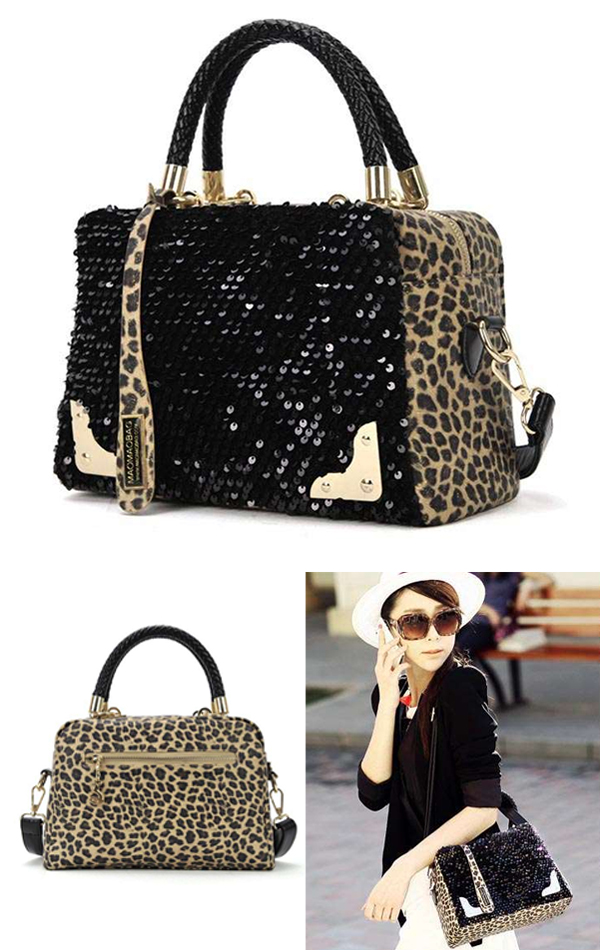 Sequins leopard messaenger tote handbag